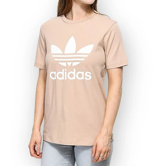 ADIDAS Tan Trefoil 3 Stripes Graphic Logo TShirt Sporty Crewneck Short Sleeve M - Picture 1 of 11